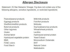 Allergen disclosure for Fig Dark Balsamic Vinegar listing non-restricted ingredients and allergens.