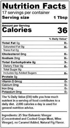 Nutrition facts for Fig Dark Balsamic Vinegar, showing calories, serving size, and nutritional content.