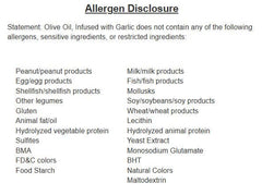 Allergen disclosure for Garlic Infused Olive Oil, listing non-allergenic ingredients.