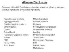 Allergen disclosure for Fused Olive Oil listing no allergens or restricted ingredients.