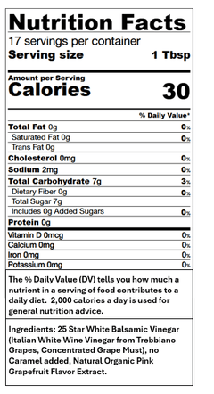 Nutrition facts for Grapefruit White Balsamic, highlighting serving size, calories, and ingredients.