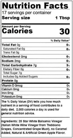 Nutrition facts for Green Apple White Balsamic Vinegar, including calories and serving information.