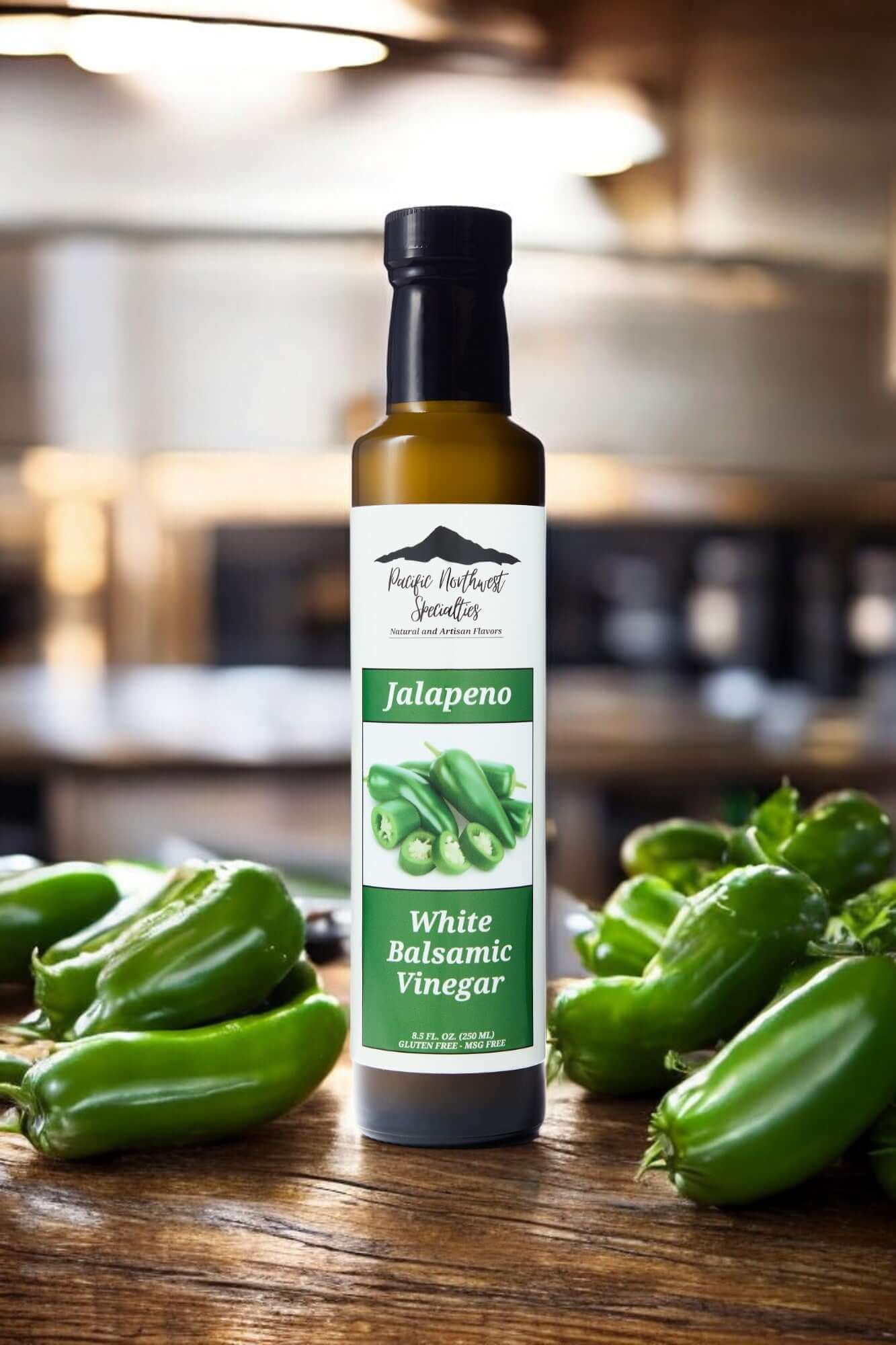 Jalapeno White Balsamic Vinegar bottle with fresh jalapenos in a kitchen setting, perfect for marinades and dressings.