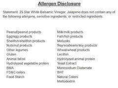 Allergen disclosure for 25 Star White Balsamic Vinegar, Jalapeno, detailing non-allergenic ingredients.