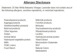 Allergen disclosure for 25 Star White Balsamic Vinegar, Lavender, listing excluded allergens and sensitive ingredients.