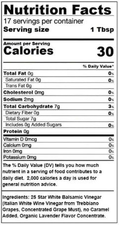 Nutrition facts for Lavender White Balsamic Vinegar, detailing servings, calories, and ingredients.