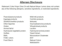 Allergen disclosure for Meyer Lemon Extra Virgin Olive Oil, listing non-contained allergens and ingredients.