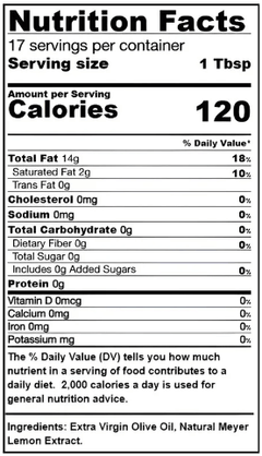 Nutrition facts label for Meyer Lemon Extra Virgin Olive Oil, highlighting calories and serving size.