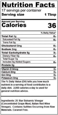Nutrition facts for 25 Star Dark Balsamic Vinegar, including calories and serving size.