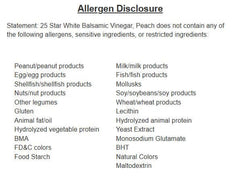 Allergen disclosure for 25 Star White Balsamic Vinegar, Peach; lists non-allergenic ingredients.