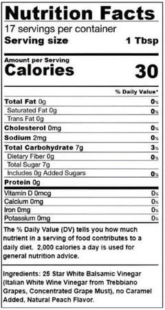 Nutrition facts label for Peach White Balsamic Vinegar, showing calories and serving information.
