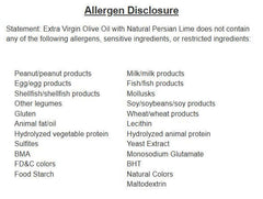 Allergen disclosure for Persian Lime Extra Virgin Olive Oil, listing non-allergenic ingredients and concerns.