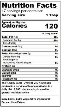Nutrition facts for Persian Lime Extra Virgin Olive Oil, detailing calories and serving size.