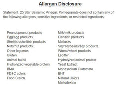 Allergen disclosure for Pomegranate Balsamic Vinegar listing non-containing allergens and sensitive ingredients.