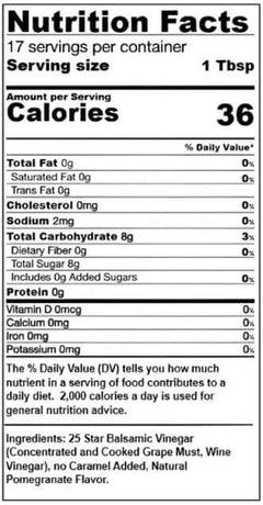 Nutrition facts label for Pomegranate Dark Balsamic, showing calories, serving size, and ingredients.