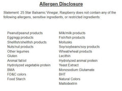 Allergen disclosure for 25 Star Raspberry Balsamic Vinegar detailing non-allergenic ingredients.