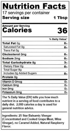Nutrition facts for Raspberry Dark Balsamic Vinegar, showing calories and serving details.