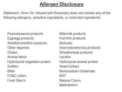 Allergen disclosure for rosemary infused olive oil, listing ingredients that are not present.