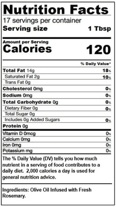 Nutrition facts for rosemary infused olive oil, highlighting calories and serving size details.
