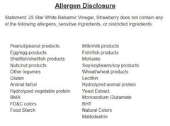 Allergen disclosure for 25 Star White Balsamic Vinegar, Strawberry, listing non-containing allergens and ingredients.