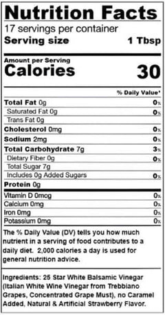 Nutrition facts label for Strawberry White Balsamic Vinegar showing serving size, calories and ingredients.