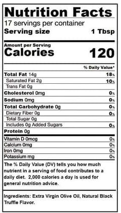 Nutrition facts label for Black Truffle Flavored Extra Virgin Olive Oil, showing calories and nutrient breakdown.