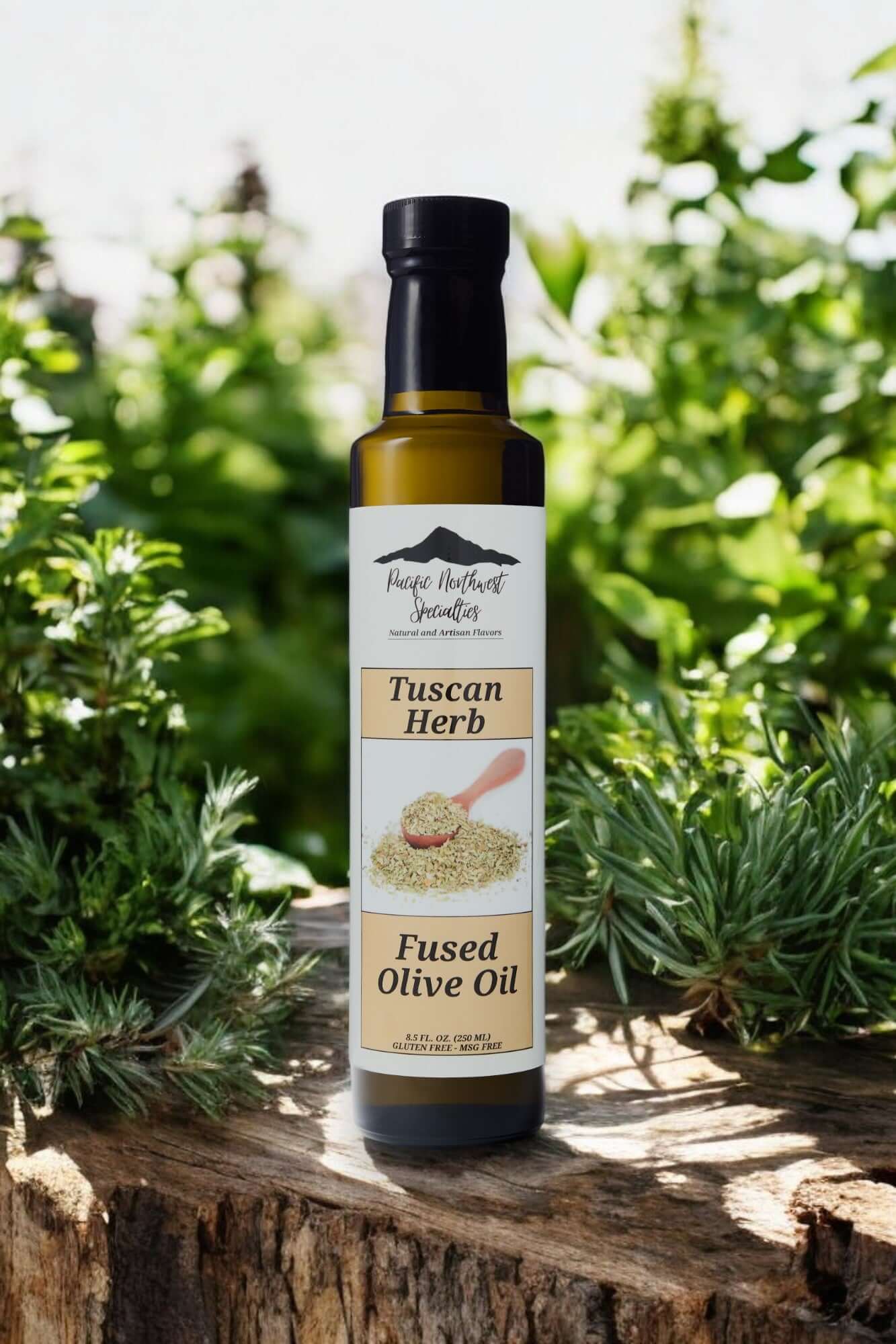 Tuscan Herb Fused Olive Oil bottle surrounded by fresh herbs, ideal for enhancing Mediterranean dishes and salads.