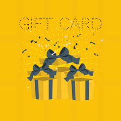 Bright yellow background with illustrated gift boxes and bows, featuring the text "GIFT CARD" for digital gifting options.