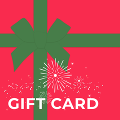 Colorful gift card design featuring a festive red background and green bow with fireworks. Perfect for any occasion.